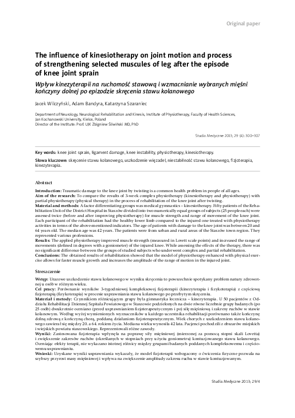 Wpływ kinezyterapii na ruchomość stawową i wzmacnianie wybranych mięśni kończyny dolnej po epizodzie skręcenia stawu kolanowego