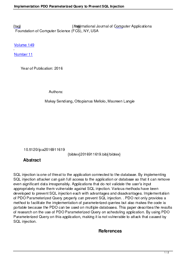 (PDF) Implementation PDO Parameterized Query to Prevent SQL Injection