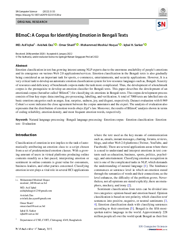 (PDF) BEmoC: A Corpus for Identifying Emotion in Bengali Texts
