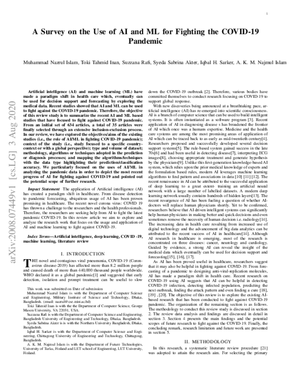 (PDF) A Survey on the Use of AI and ML for Fighting the COVID-19 Pandemic