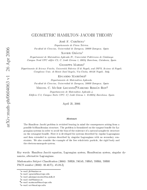 (PDF) 1 2 6 A pr 2 00 6 GEOMETRIC HAMILTON – JACOBI THEORY