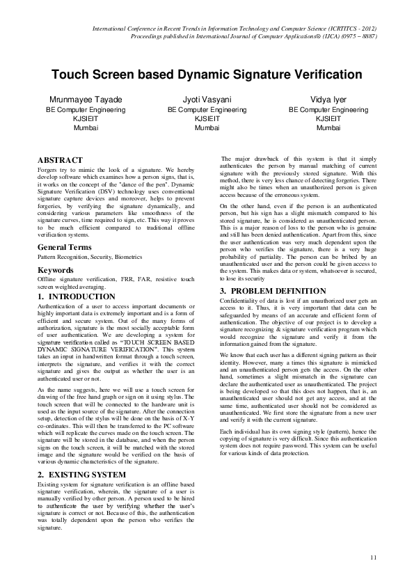 (PDF) Touch Screen based Dynamic Signature Verification