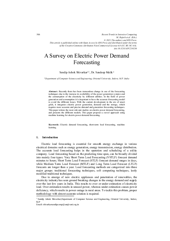 (PDF) A Survey on Electric Power Demand Forecasting