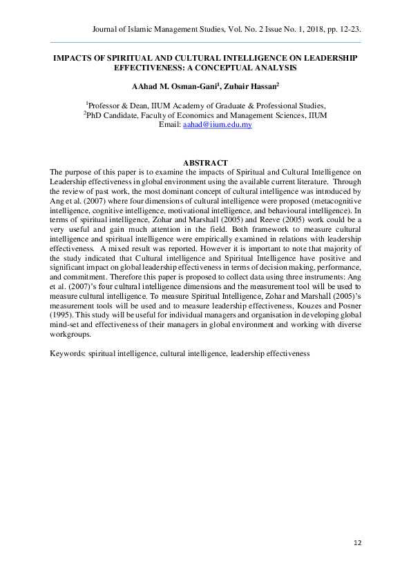 (PDF) Impacts of spiritual and cultural intelligence on leadership ...