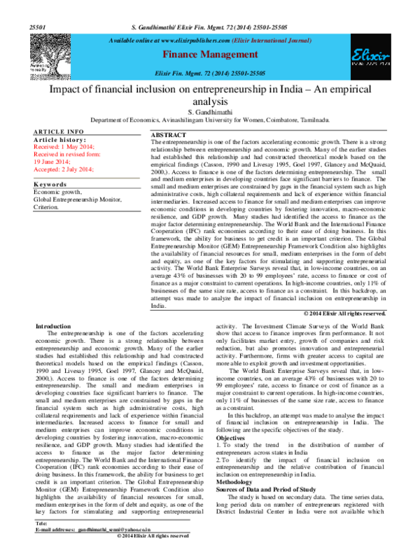(PDF) Impact of financial inclusion on entrepreneurship in India – An ...