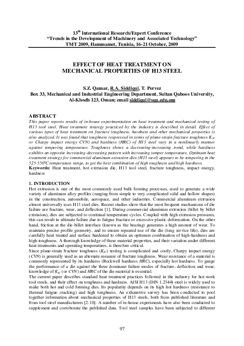 (PDF) Effect of Heat Treatment on Mechanical Properties of H13 Steel