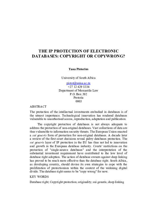 (PDF) The IP Protection of Electronic Databases: Copyright or Copywrong?