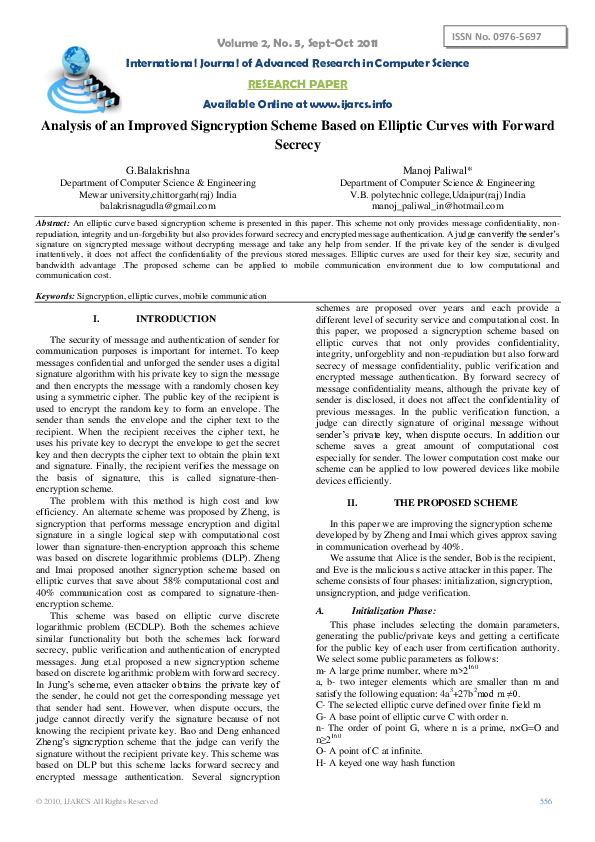 (PDF) Analysis of an Improved Signcryption Scheme Based on Elliptic ...