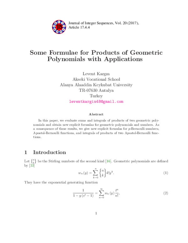 (PDF) Some Formulae for Products of Geometric Polynomials with Applications