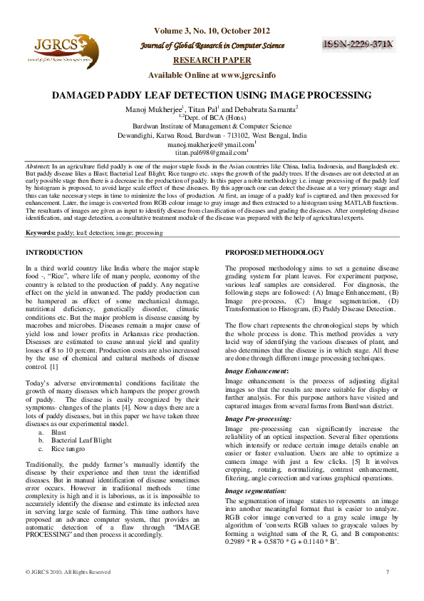 (PDF) Damaged Paddy Leaf Detection Using Image Processing