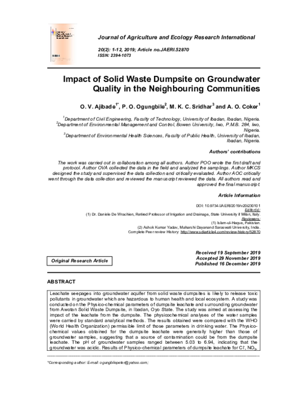 (PDF) Impact of Solid Waste Dumpsite on Groundwater Quality in the ...