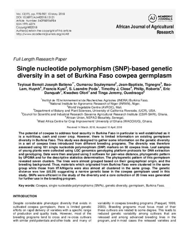 (PDF) Single nucleotide polymorphism (SNP)-based genetic diversity in a ...