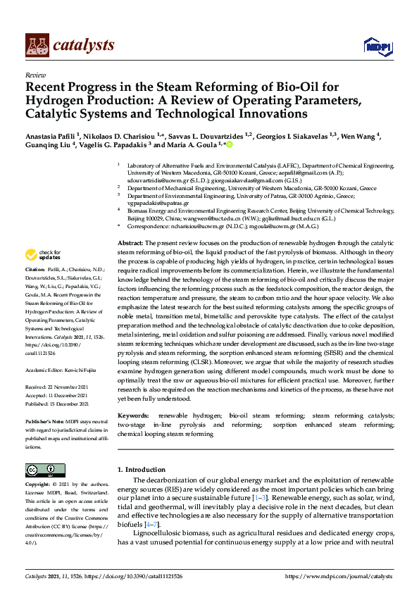 (PDF) Recent Progress in the Steam Reforming of Bio-Oil for Hydrogen ...