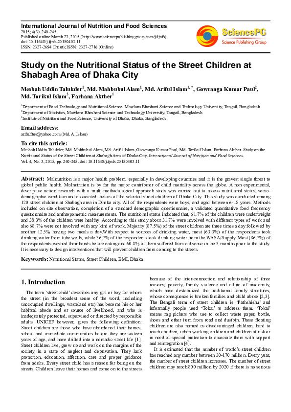 (PDF) Study on the Nutritional Status of the Street Children at Shabagh ...