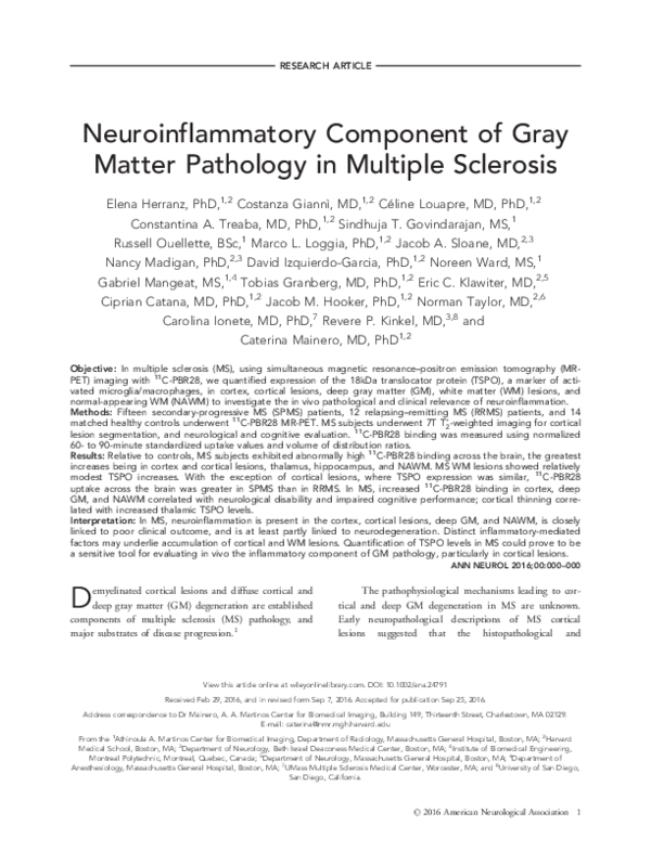 (PDF) Neuroinflammatory component of gray matter pathology in multiple ...