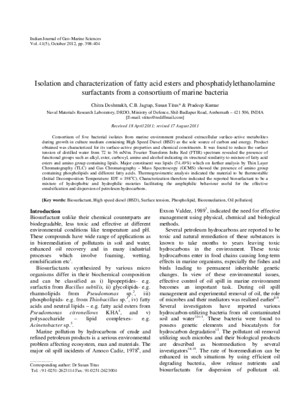 (PDF) Isolation and characterization of fatty acid esters and ...