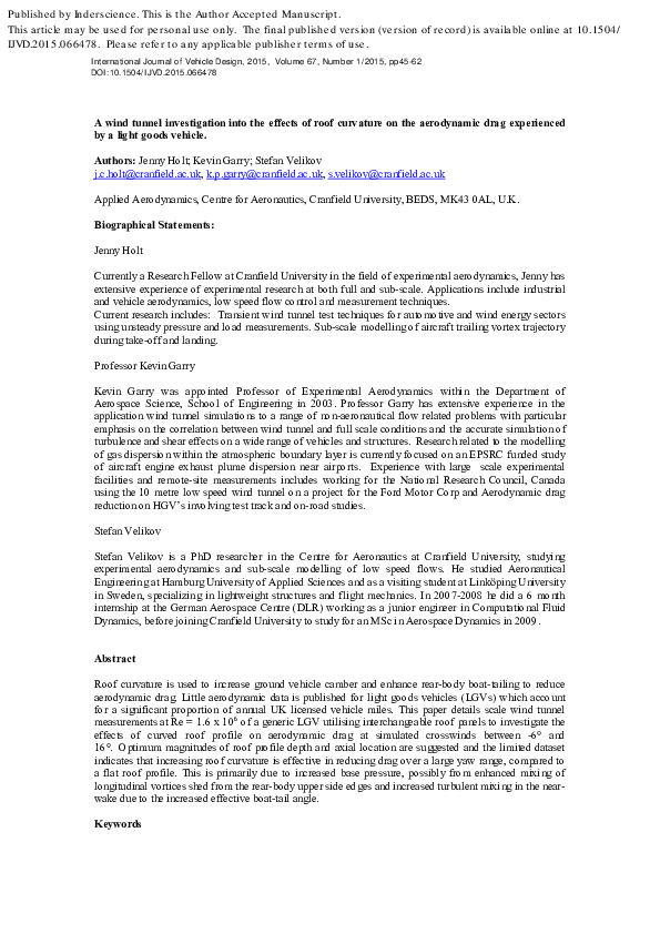 Pdf A Wind Tunnel Investigation Into The Effects Of Roof Curvature On The Aerodynamic Drag Experienced By A Light Goods Vehicle Jenny Holt Academia Edu