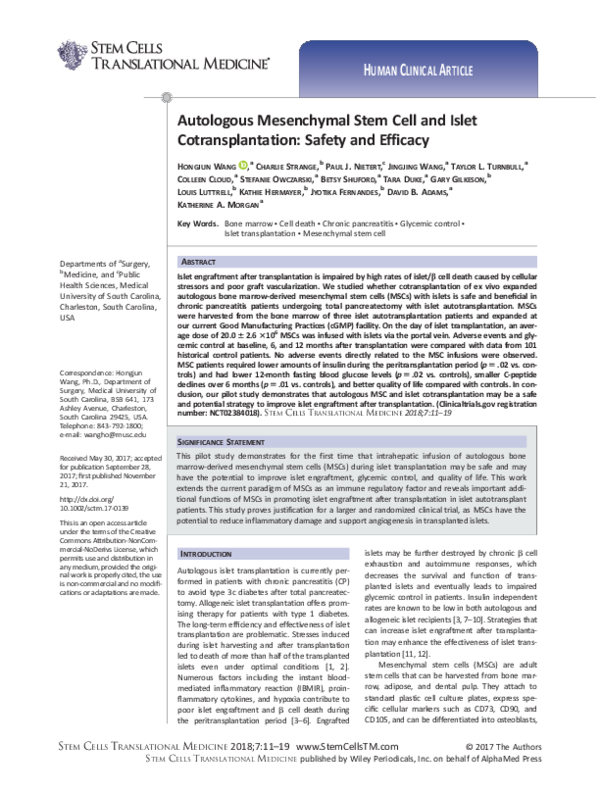 (PDF) Autologous Mesenchymal Stem Cell and Islet Cotransplantation ...