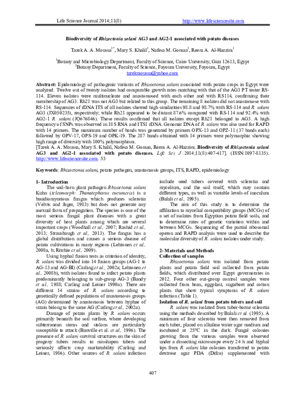 (PDF) Biodiversity of Rhizoctonia solani AG 3 and AG 2-1 associated ...