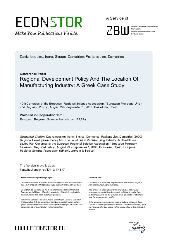 (PDF) Regional Development Policy And The Location Of Manufacturing ...