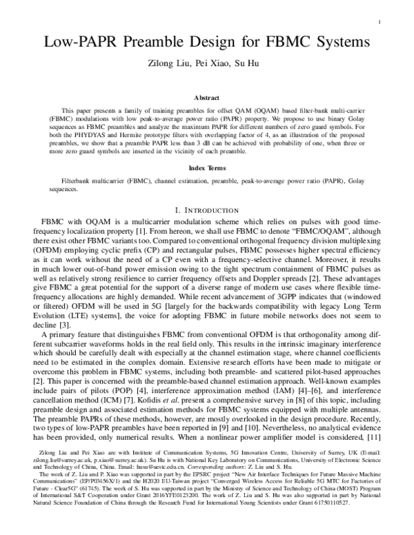 (PDF) Low-PAPR Preamble Design for FBMC Systems