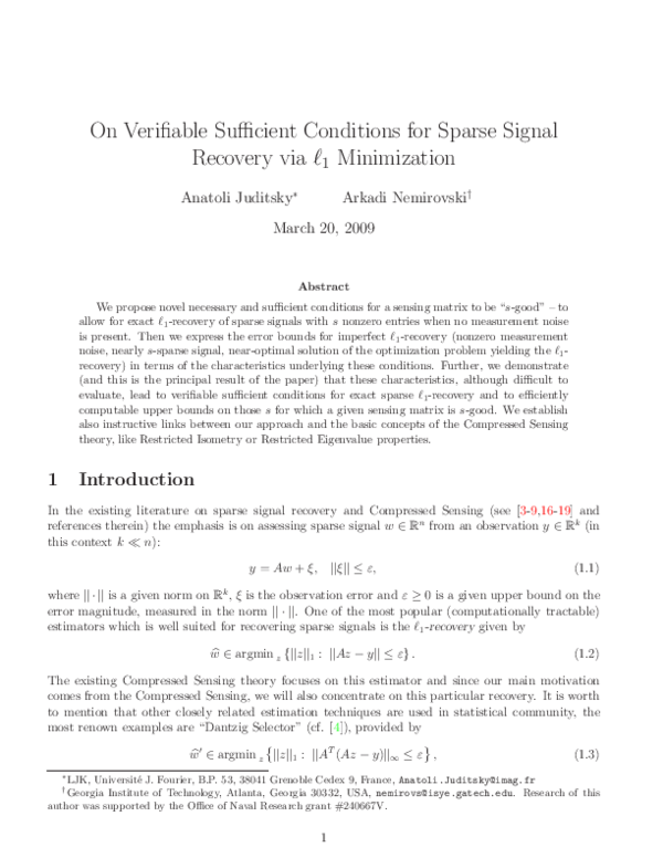 (PDF) On Verifiable Sufficient Conditions for Sparse Signal Recovery ...