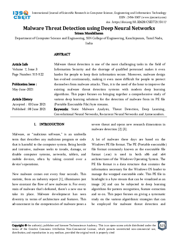 (PDF) Malware Threat Detection using Deep Neural Networks