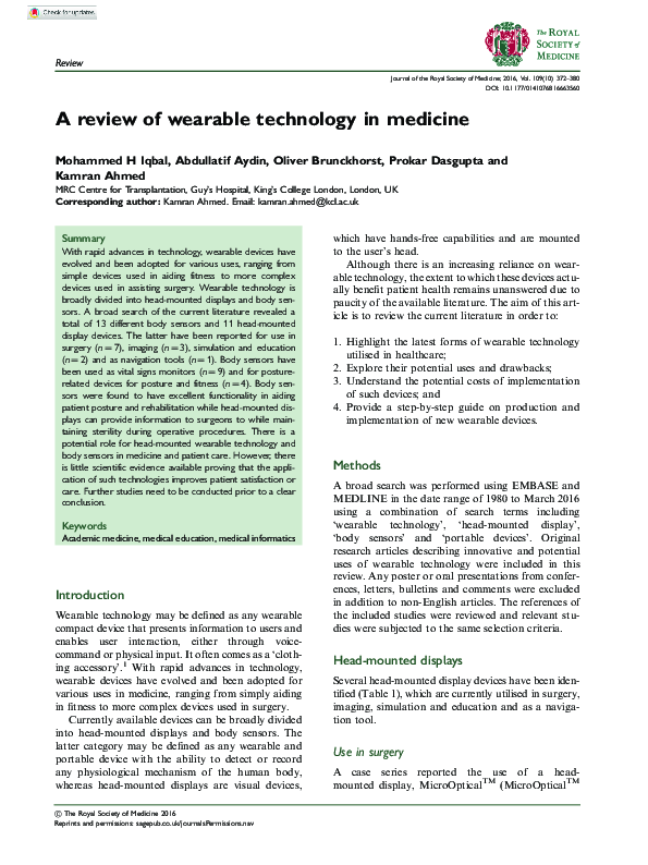 (PDF) A review of wearable technology in medicine