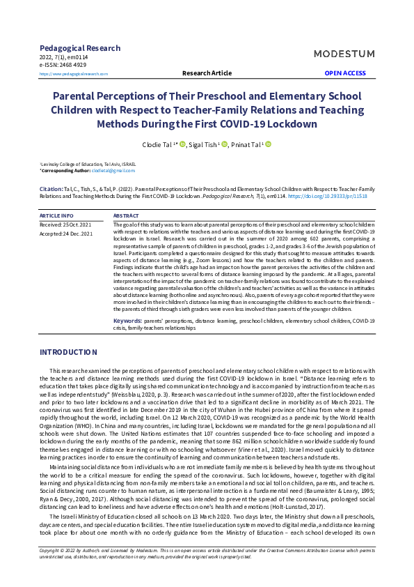 (PDF) Parental Perceptions of Their Preschool and Elementary School ...