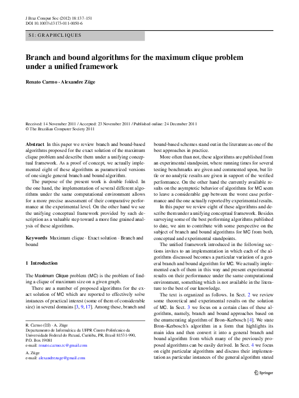 (PDF) Branch and bound algorithms for the maximum clique problem under ...