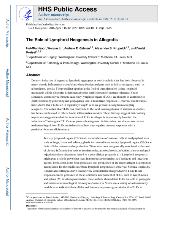 (PDF) The Role of Lymphoid Neogenesis in Allografts