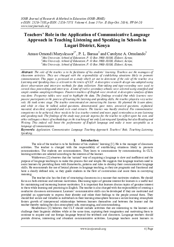 (PDF) Teachers’ Role in the Application of Communicative Language ...