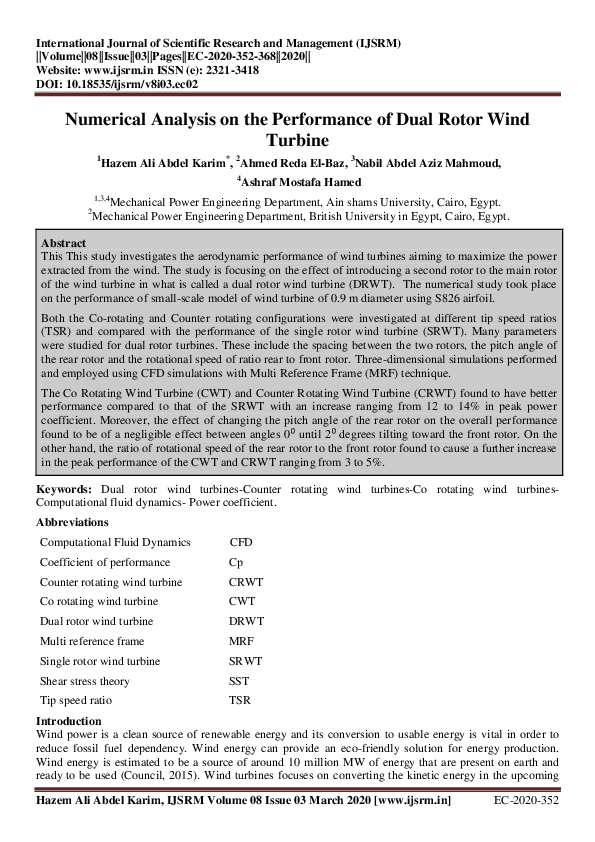 (PDF) Numerical analysis on the performance of Dual Rotor wind turbine