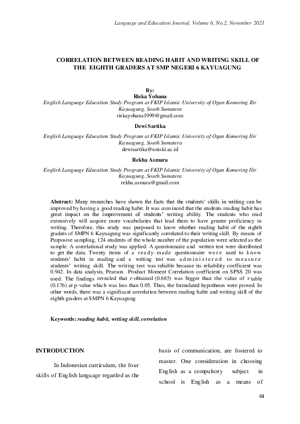 (PDF) Correlation between reading habit and writing skill of the eighth ...