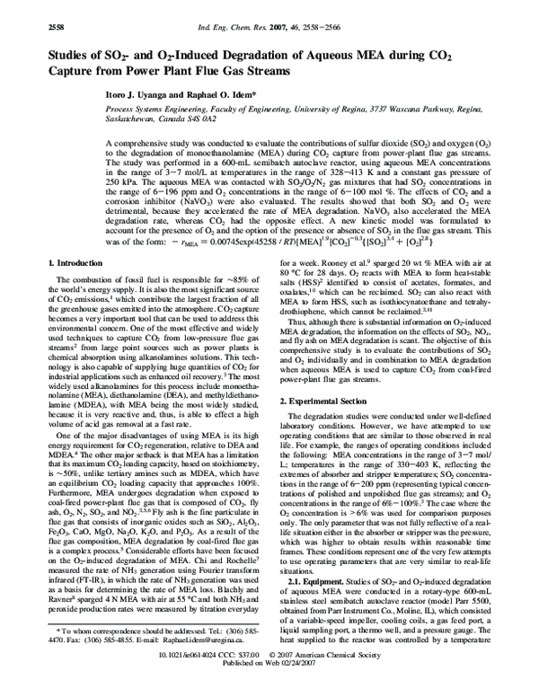 (PDF) Studies of SO 2 - and O 2 -Induced Degradation of Aqueous MEA ...