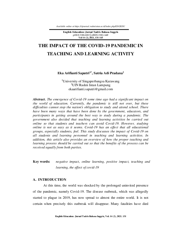 (PDF) The Impact of the COVID-19 Pandemic in Teaching and Learning Activity