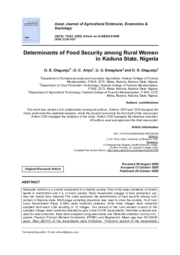 (PDF) Determinants of Food Security among Rural Women in Kaduna State ...