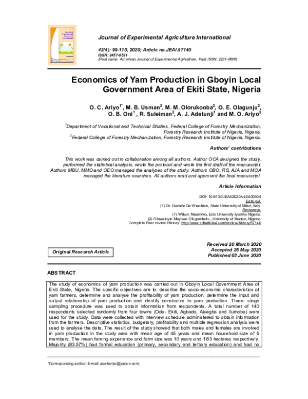 (PDF) Economics of Yam Production in Gboyin Local Government Area of ...