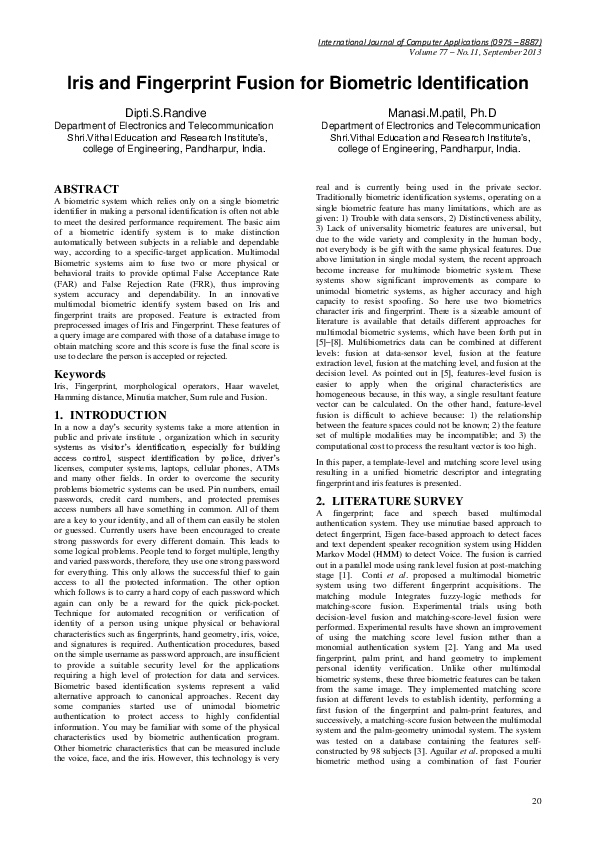 (PDF) Iris and Fingerprint Fusion for Biometric Identification