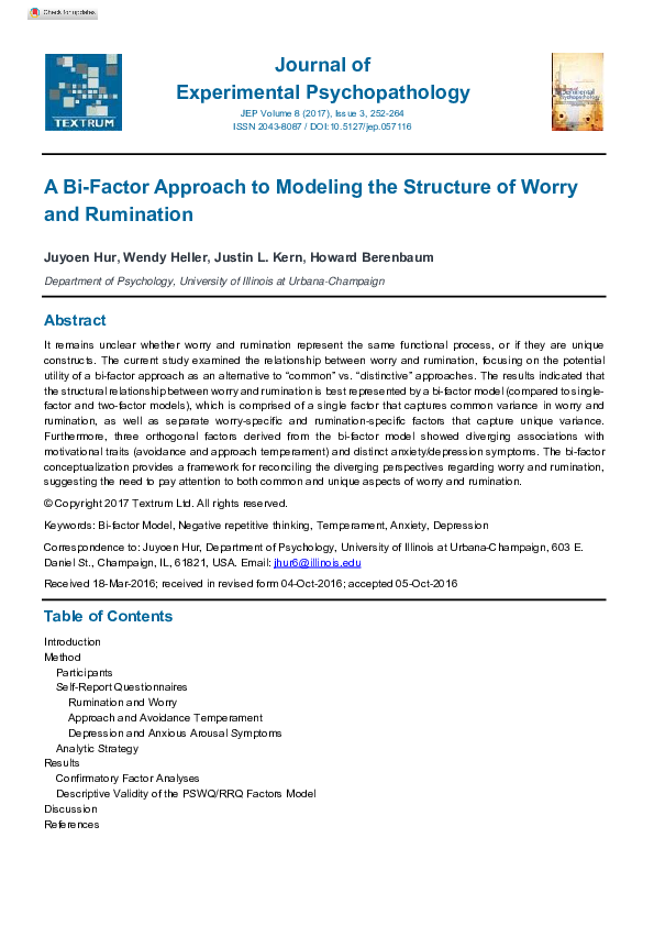 (PDF) A Bi-Factor Approach to Modeling the Structure of Worry and ...