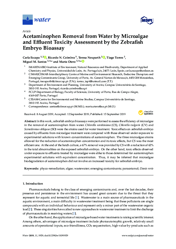 (PDF) Acetaminophen Removal from Water by Microalgae and Effluent