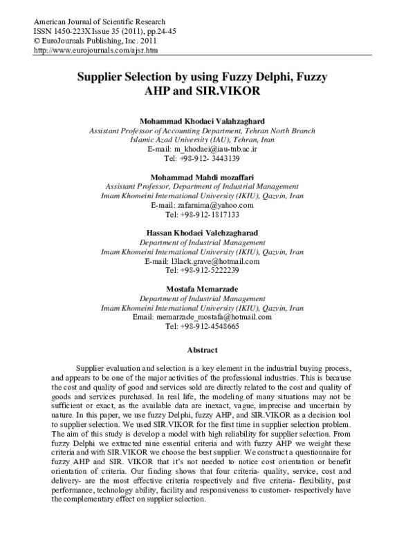 (PDF) Supplier Selection by using Fuzzy Delphi , Fuzzy AHP and SIR . VIKOR