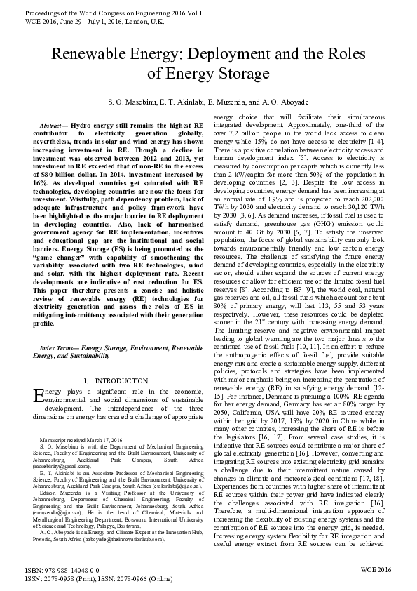 (PDF) Renewable energy: deployment and the roles of energy storage