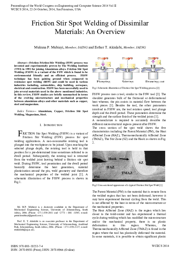 (PDF) Friction Stir Spot Welding of Dissimilar Materials : An Overview ...
