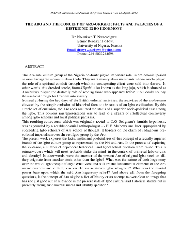 (PDF) The Aro and the Concept of Aro-Okigbo: Facts and Falacies of a ...