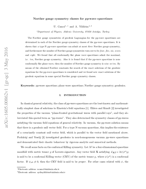 (PDF) Noether gauge symmetry classes for pp-wave spacetimes