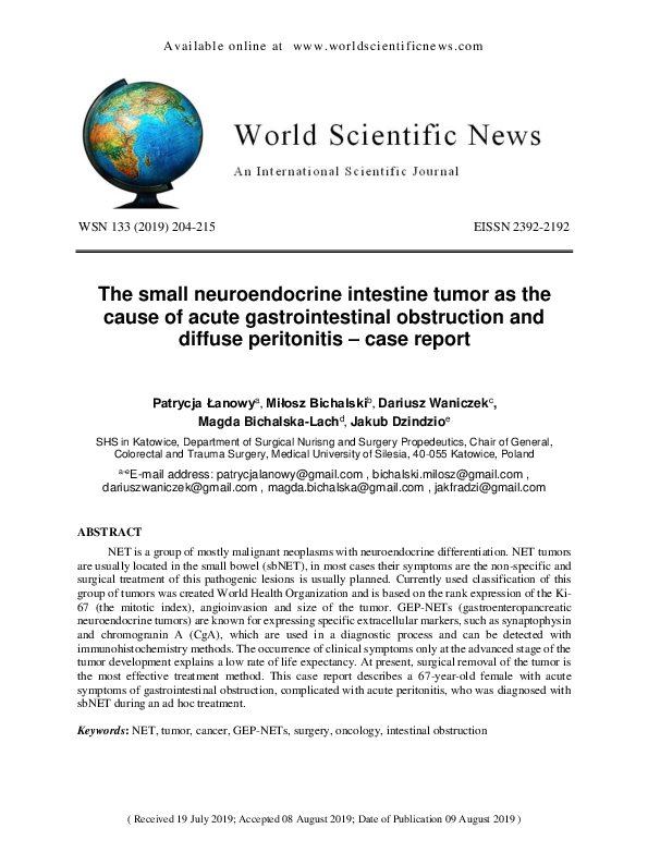 (PDF) The small neuroendocrine intestine tumor as the cause of acute ...