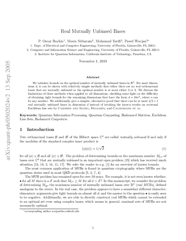 (PDF) Real Mutually Unbiased Bases