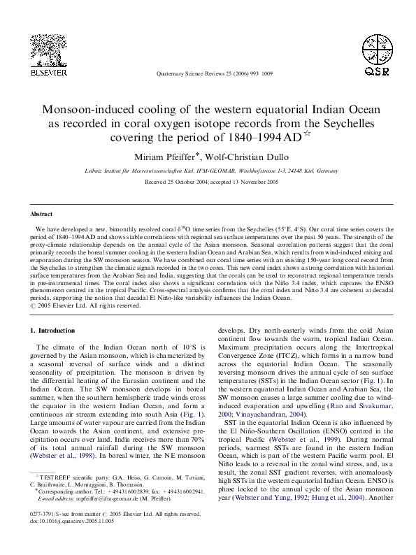 (PDF) Monsoon-induced cooling of the western equatorial Indian Ocean as ...