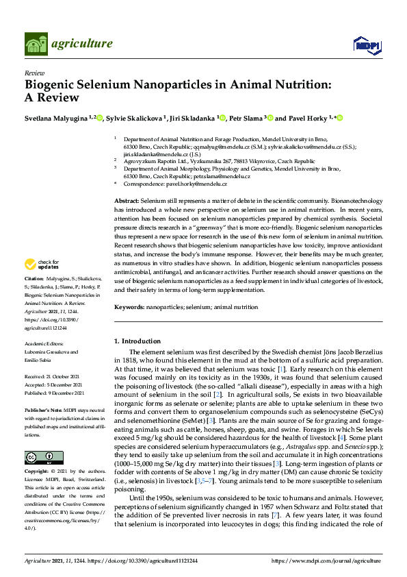 (PDF) Biogenic Selenium Nanoparticles in Animal Nutrition: A Review